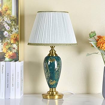 Green & Golden Ceramic-Metal Body with white Fabric Shade lamp - Image 2